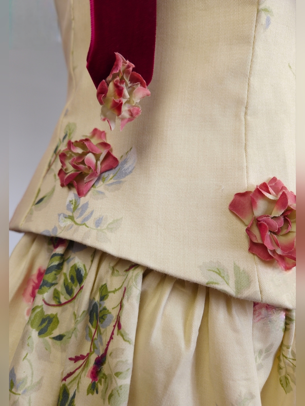Upcycled Vintage Floral Corset Top and Skirt Set with Velvet Ribbon Ties - Picture 5 of 14